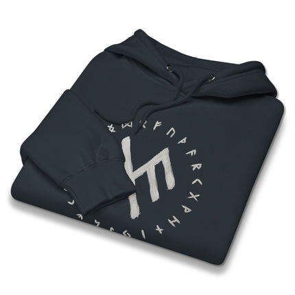 Unisex pullover hoodie featuring Norse Viking runes and Elder Futhark luck bind symbols.