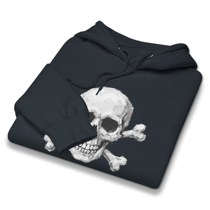 Black hoodie featuring a gothic skull and crossbones skeletal artwork print.