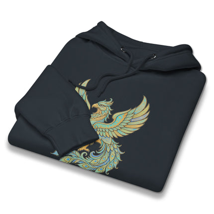 Homa Bird Hoodie | Persian Mythology Phoenix Gold Teal Graphic Pullover Hoodie
