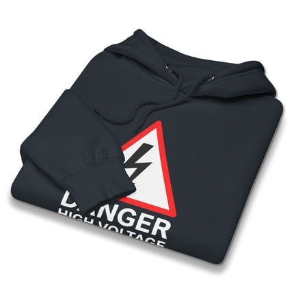 Black hoodie featuring a high voltage danger warning sign graphic print.