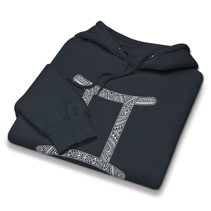 Gemini Zodiac Sign hoodie featuring a tribal astrological pattern graphic print.