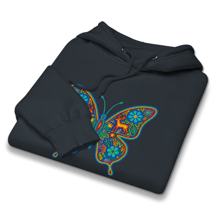 Indigenous Huichol butterfly pattern hoodie featuring vibrant Mexican folk art designs.