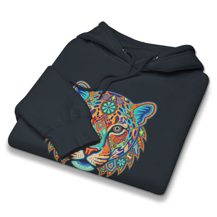 Vibrant Huichol jaguar hoodie featuring traditional Mexican folk art animal print design.