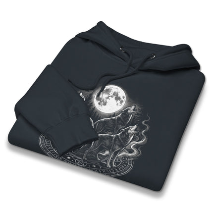 Graphic hoodie featuring wolves howling at the full moon, symbolizing canine spirit.