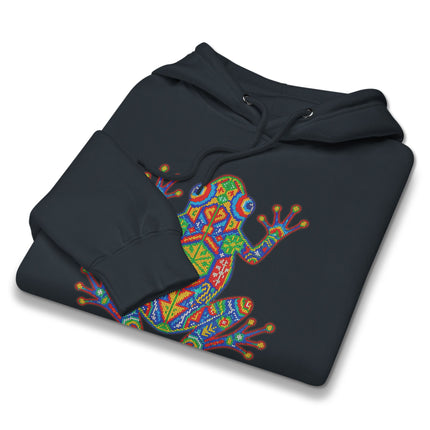 Vibrant Huichol style frog artwork printed on a cozy pullover fleece hoodie featuring Mexican indigenous designs.