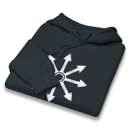 Eight-pointed chaos star symbol printed on a dark occult magic unisex pullover hoodie.