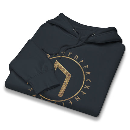 Gold viking hoodie printed with Uruz rune and Elder Futhark Norse mythology runes.