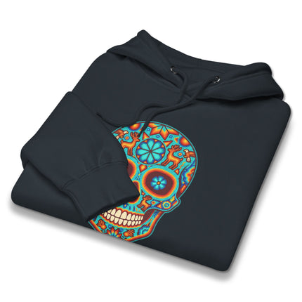 Colorful sugar skull hoodie design inspired by Day of the Dead and traditional Huichol art patterns.