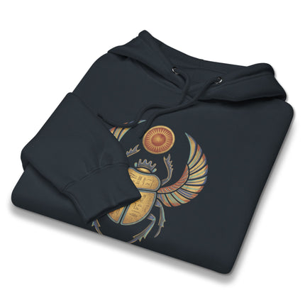 Khepri scarab Egyptian mythology graphic hoodie featuring the sun god design print.