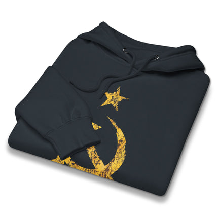 Yellow distressed hoodie featuring a communist Hammer & Sickle symbol print.