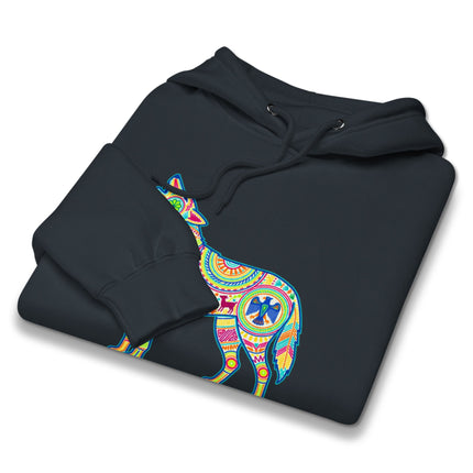 Vibrant Huichol wolf graphic hoodie with Mexican folk art patterns.
