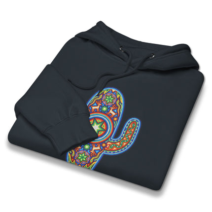 Vibrant Huichol cactus design on a pullover hoodie featuring authentic Mexican indigenous art.