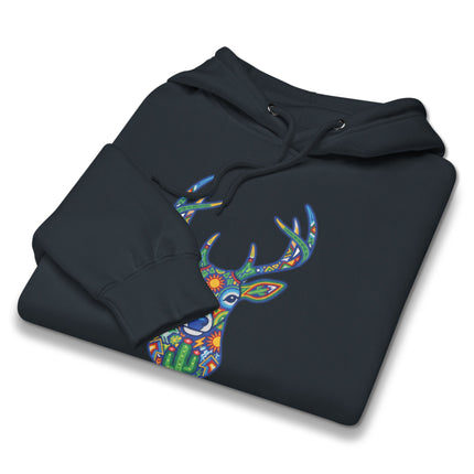 Vibrant Huichol deer folk art pullover hoodie featuring Mexican indigenous patterns.