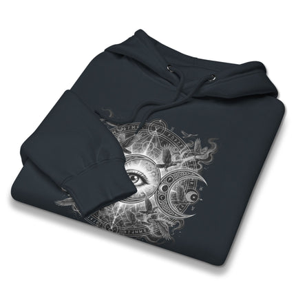 Graphic hoodie featuring triple moon, all-seeing eye, and spiritual awakening celestial symbols.