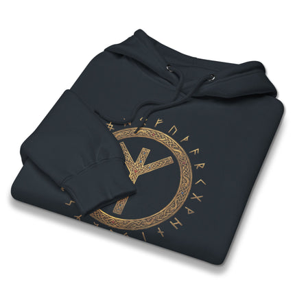 Algiz rune circle hoodie featuring protective Elder Futhark Norse runes design.