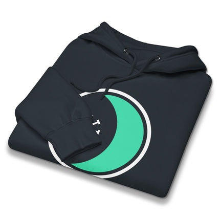 Wicca pagan pullover hoodie featuring celestial moon, star, and seax symbol graphic print.