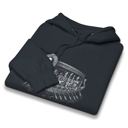 Egyptian solar barge hoodie featuring ancient Ra's boat mythology illustration print.