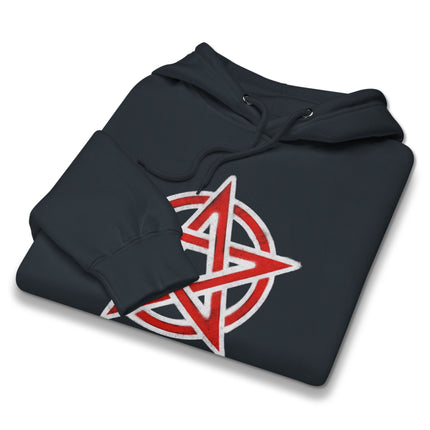 Red pentacle symbol graphic on a black wiccan or pagan occult pullover hoodie.