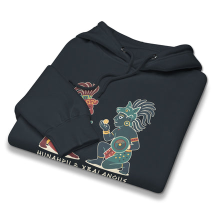 Hunahpu and Xbalanque Maya Hero Twins graphic on a pullover hoodie, depicting Mayan mythology.