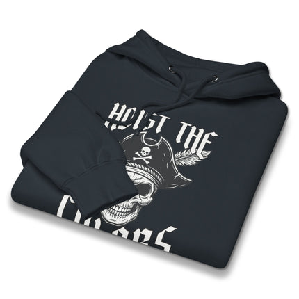 Pirate skull graphic pullover hoodie featuring a tricorn hat and "Hoist The Colors" design.