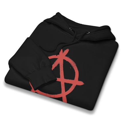 Red hoodie featuring an inverted pentagram occult symbol for grunge or pagan style.