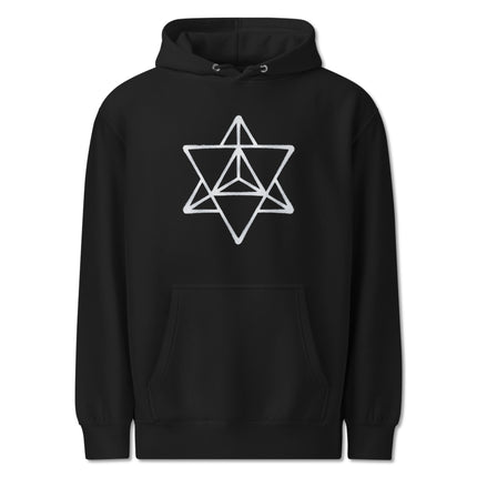 Sacred Geometry Merkaba star graphic on a comfortable unisex pullover hoodie.
