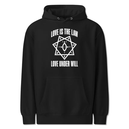 Thelema occult hoodie featuring "Love Is The Law" and Star of Babalon symbolic graphic print.