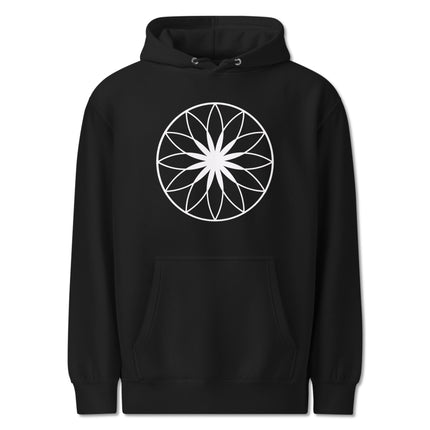 Sacred geometry lotus of life graphic print on a unisex pullover fleece hoodie.