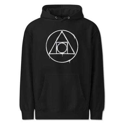 Black pullover hoodie featuring the Philosopher's Stone and intricate alchemical symbols design.