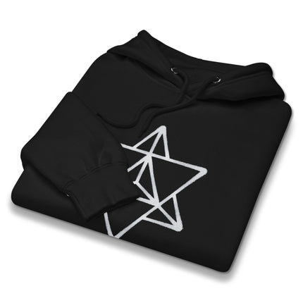 Unisex hoodie featuring a Merkaba sacred geometry star graphic print for spiritual wear.