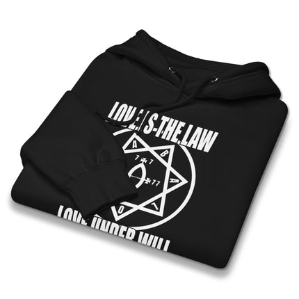 Occult star sigil pullover featuring "Love Is The Law" text on a black Thelema hoodie.