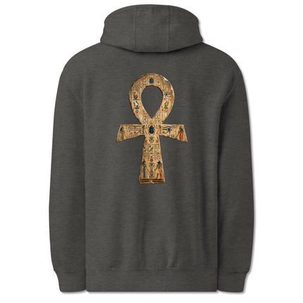 Ankh hieroglyph back print hoodie featuring ancient Egyptian symbols.