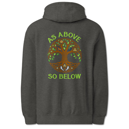 Celtic Tree of Life Yggdrasil hoodie with pagan 'As Above So Below' back print design.