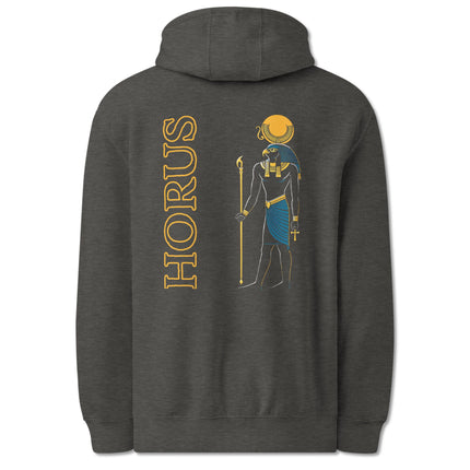 Horus Egyptian god back print hoodie featuring detailed falcon and sun mythology designs.