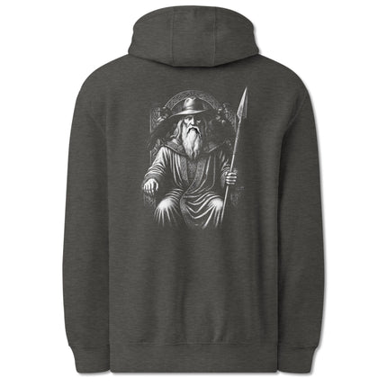 Norse Viking design featuring Odin God, ravens, and a spear from mythology print on hoodie.