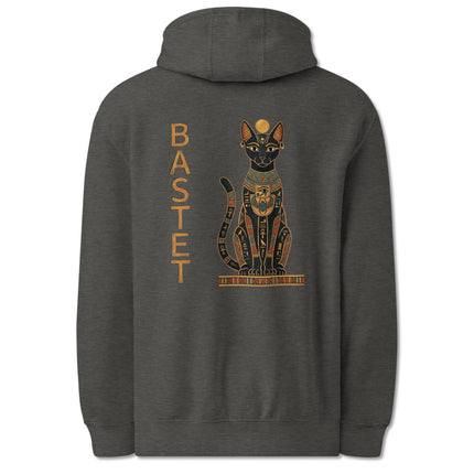 Bastet Egyptian cat goddess back print hoodie featuring ancient hieroglyphic art and feline motifs.