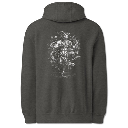 Dancing pan flute satyr print hoodie featuring Greek mythology artwork.