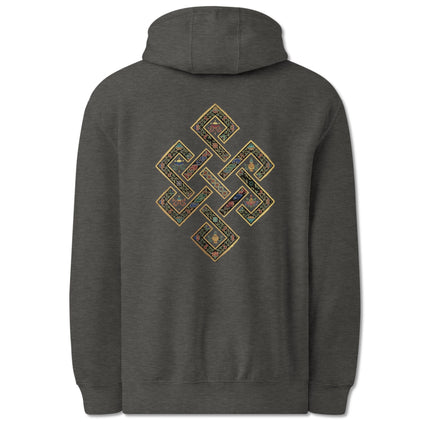 Golden Endless Knot print on pullover hoodie featuring a Tibetan Buddhist symbol design.