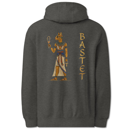 Bastet Egyptian cat goddess design printed on the back of an ancient Egypt pullover hoodie.
