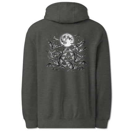 Gothic hoodie featuring flying bats and moon graphic against a cosmic night sky print.