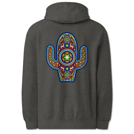 Colorful Huichol cactus print on pullover hoodie featuring vibrant Mexican indigenous art.