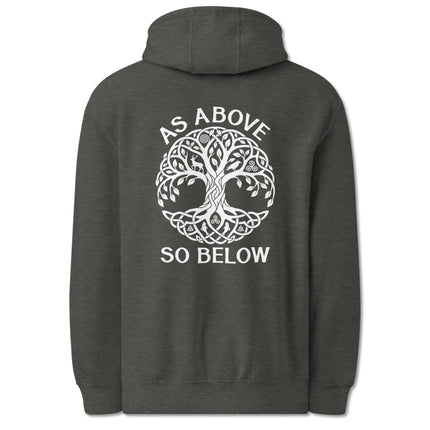 As Above So Below Tree of Life Celtic knot graphic on a pullover hoodie back print.