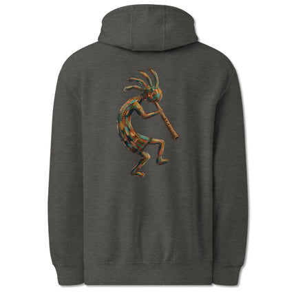 Southwest Kokopelli flute player graphic printed on a colorful pullover hoodie back print.