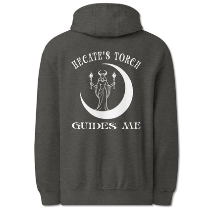 Hecate's torch and moon goddess design on a mystical pullover hoodie.
