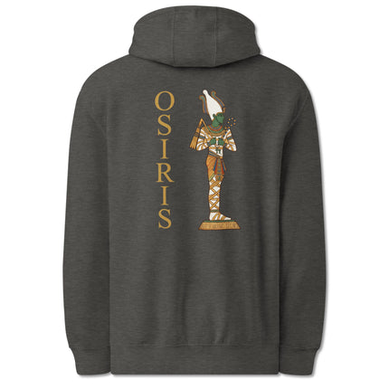 Osiris Egyptian god mythology print hoodie featuring ancient artwork on the back.