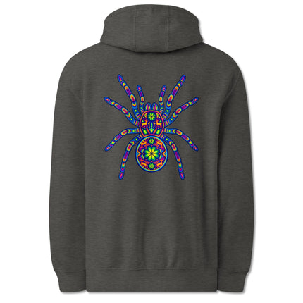 Colorful Huichol tarantula spider graphic on a Mexican folk art pullover hoodie.
