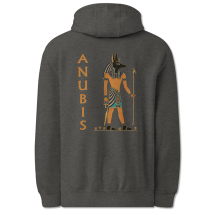 Anubis Egyptian god print hoodie featuring ancient mythology artwork on the back.