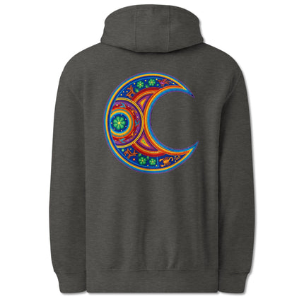 Huichol style pullover hoodie featuring a vibrant colorful mandala and spiritual moon print on the back.