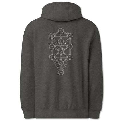 Kabbalah Tree of Life hoodie featuring esoteric Sephirot symbols print on back.