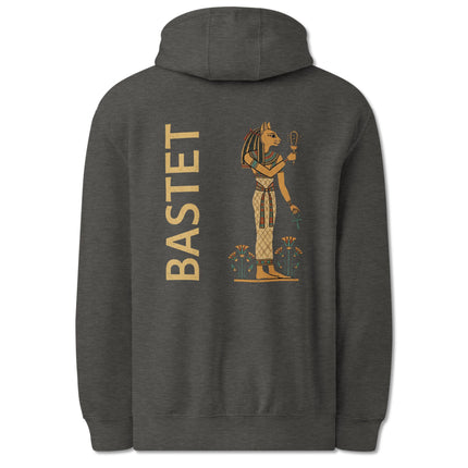 Bastet Egyptian cat goddess graphic printed on the back of a mythology pullover hoodie.